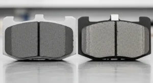 comparison of new and worn brake pads showing thickness difference and wear indicators