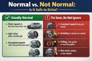 Infographic comparing normal and not normal brake squeaking, showing harmless causes like light squeal after rain and warning signs like grinding noise, soft brake pedal, smoke, and hot wheel