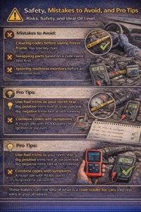 Realistic infographic explaining OBD2 scanner safety tips and common diagnostic mistakes, including saving freeze frame data before clearing codes, testing parts before replacement, checking readiness monitors, using fuel trim data to detect vacuum leaks or rich conditions, and diagnosing multiple U-codes caused by low battery voltage.