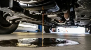Fresh engine oil leaking onto garage floor due to overfilled oil
