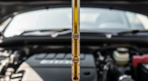 Engine oil dipstick showing oil level above maximum mark indicating overfill