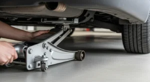 Person positioning hydraulic floor jack under car lifting point
