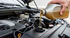 Pouring fresh engine oil into car engine to fix low oil level