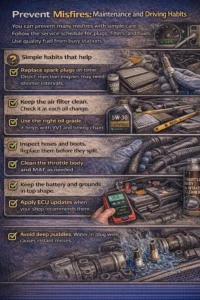 Realistic infographic showing engine misfire prevention tips, including timely spark plug replacement, clean air filter, correct oil grade use, inspecting hoses and ignition boots, cleaning throttle body and MAF sensor, maintaining battery and grounds, applying ECU updates, and avoiding deep water puddles.