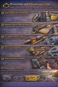 Realistic infographic showing car maintenance tips to prevent check engine light issues, including using quality fuel and parts, replacing the air filter on time, fixing misfires quickly, checking for oil leaks, maintaining a healthy battery, scanning after DIY repairs, and taking occasional longer drives to complete the drive cycle. 🚗