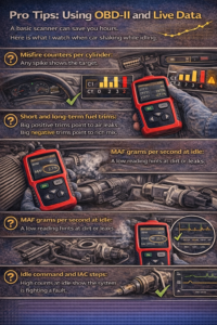 Realistic infographic showing OBD-II live data diagnostics, including misfire counters per cylinder, short and long-term fuel trims, MAF grams per second at idle, idle control values, and O2 sensor behavior to troubleshoot a car shaking while idling.