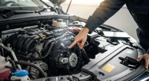 Mechanic diagnosing a radiator cooling fan that is not working in a car engine bay