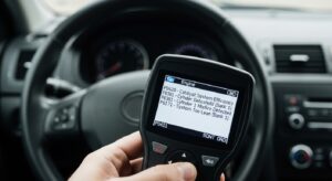 OBD2 scanner displaying engine trouble codes inside car