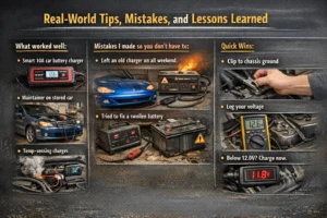 Infographic showing car battery charging tips, common mistakes like using a bad charger or swollen battery, and best practices such as checking voltage and grounding properly