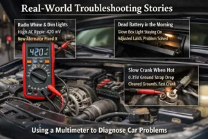 Mechanic using a digital multimeter to diagnose car electrical problems such as alternator ripple, battery drain, and ground strap voltage drop in a vehicle engine bay.