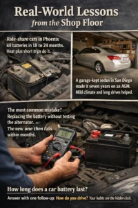 Mechanic testing a car battery and alternator with a multimeter in a garage, showing real-world factors that affect how long a car battery lasts.