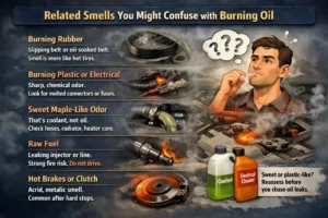 Infographic showing different car smells often mistaken for burning oil, including burning rubber, electrical burning, coolant smell, fuel leak, and hot brakes or clutch