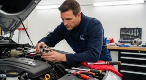 Mechanic installing a new thermostat in a vehicle engine cooling system.