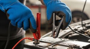 Person connecting a car battery charger safely wearing gloves