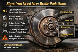 Close-up of a worn brake rotor and brake pads with visual indicators showing squealing, grinding, vibration, and other warning signs that brake pads need replacement