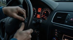 Driver trying to start a car while dashboard lights flicker because of a weak battery