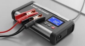 Close-up of a smart car battery charger with digital screen and clamps