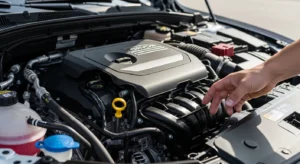 Hand locating yellow engine oil dipstick under open car hood