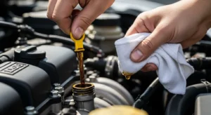 Person wiping engine oil dipstick with clean cloth