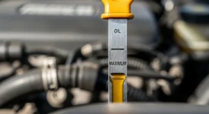 Close-up of engine oil dipstick showing proper oil level between min and max marks