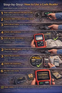 Realistic infographic showing step-by-step how to use a car code reader, including plugging the scanner into the OBD-II port under the dashboard, turning the key to ON, reading trouble codes and freeze-frame data, checking I/M readiness monitors, diagnosing the issue, and clearing codes after repair. 🚗