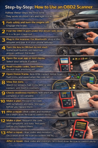 Realistic infographic showing how to use an OBD2 scanner, including locating the OBD-II port under the dashboard, plugging in a wired or Bluetooth scanner, turning the key to ON, reading trouble codes, checking freeze frame data, viewing live sensor data, and clearing codes after repair.