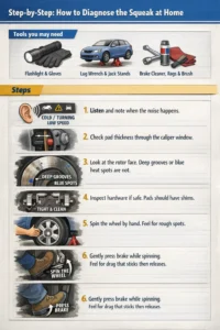 Illustrated guide showing tools and step-by-step checks for diagnosing brake squeak at home, including inspecting brake pads, rotor surface, hardware, and wheel movement