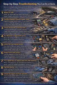 Realistic infographic showing step-by-step car troubleshooting for a no-start condition, including battery voltage testing with a multimeter, checking terminals and grounds, inspecting fuses and relays, listening for fuel pump prime, tapping the starter, testing for spark and fuel, and scanning with an OBD-II reader.