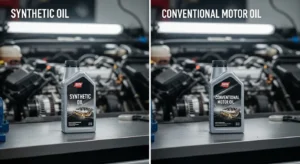 Side by side comparison of synthetic oil and conventional motor oil bottles
