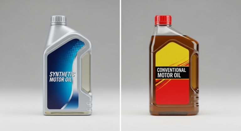 Synthetic oil and conventional motor oil comparison near car engine bay
