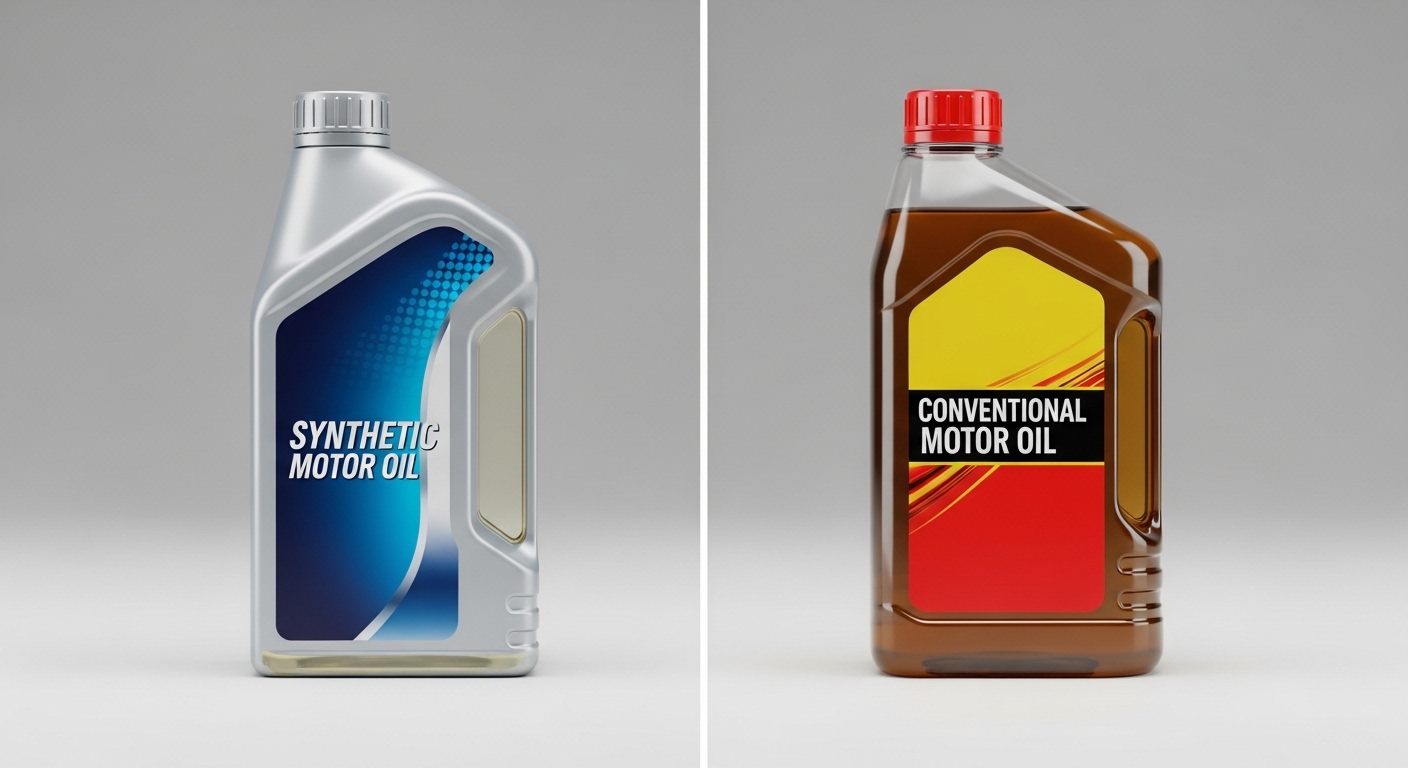 Synthetic oil and conventional motor oil comparison near car engine bay