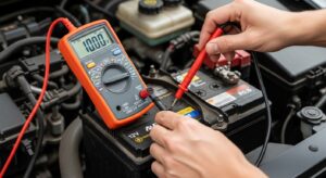 Testing car battery voltage with digital multimeter under open hood