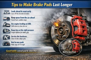 Close-up of a car braking system with brake pads and rotor, highlighting safe driving habits like smooth braking, proper maintenance, and techniques to extend brake pad life