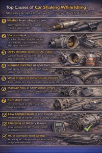 Realistic infographic showing common causes of car shaking while idling, including engine misfire from bad spark plugs or coils, vacuum leaks, dirty throttle body, clogged fuel injectors, weak engine mounts, faulty MAF or MAP sensor, stuck EGR valve, low compression, charging system issues, and AC load problems.