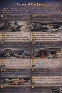 Realistic infographic showing different types of car jacks including scissor jack, hydraulic bottle jack, floor jack, low-profile jack, electric scissor jack, hi-lift jack, transmission jack, and motorcycle or ATV jack, with their best uses, pros, and cons.