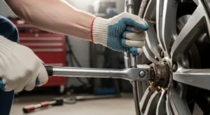 Mechanic using a breaker bar to loosen a tight lug nut on a car wheel