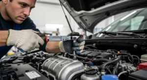 Mechanic using torque wrench to tighten engine bolts correctly