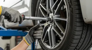 Mechanic tightening car wheel lug nuts with a torque wrench