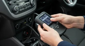 Person connecting an OBD2 code reader to a car diagnostic port