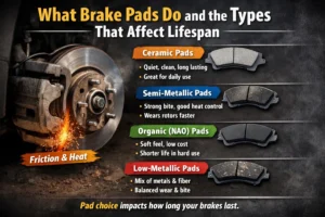 Close-up of a car brake rotor and caliper with sparks from friction, alongside different types of brake pads like ceramic, semi-metallic, organic, and low-metallic showing their features