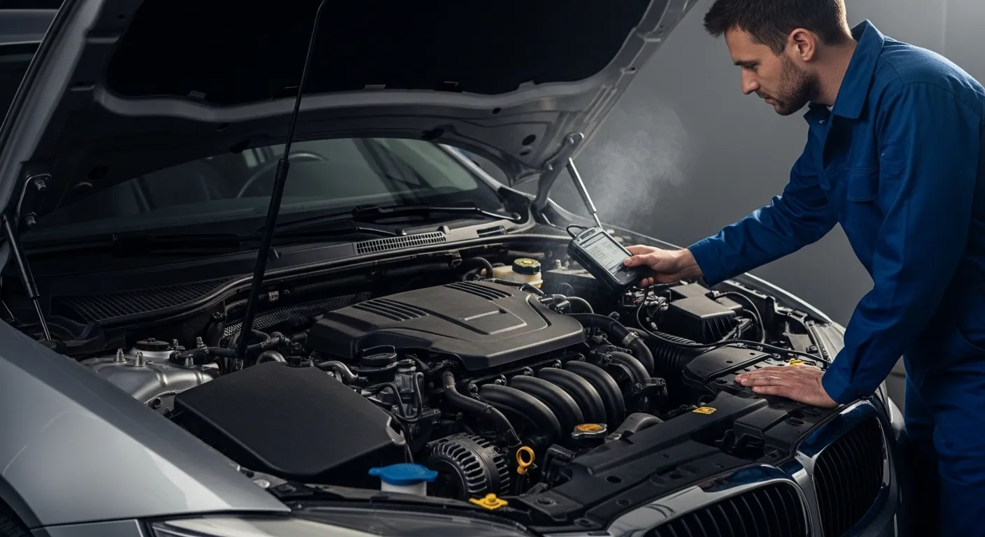 Mechanic diagnosing engine misfire with car hood open and diagnostic scanner connected