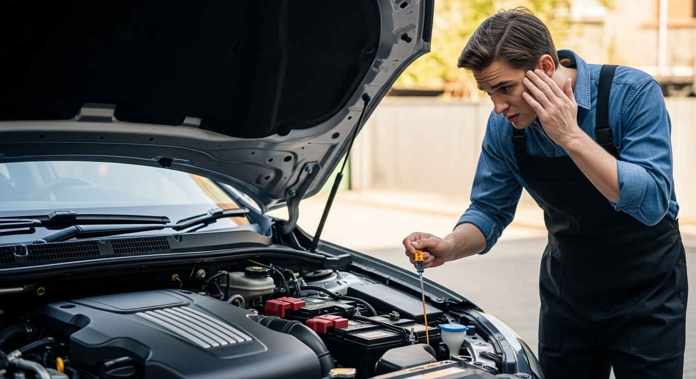 Car owner checking overfilled engine oil level under open hood