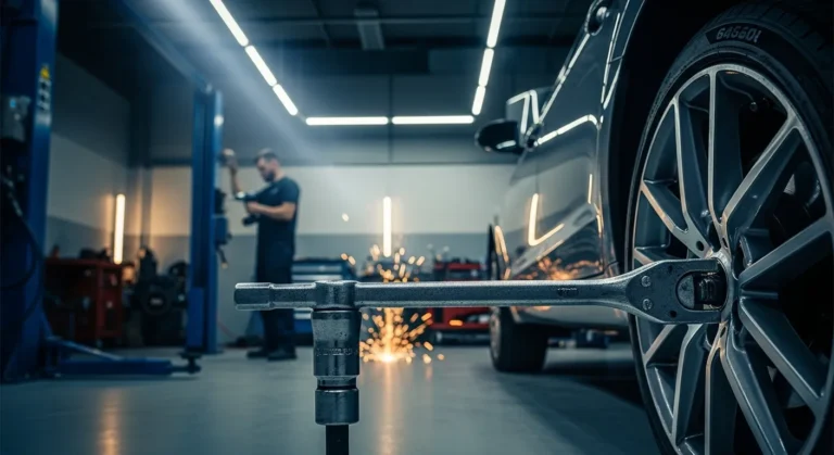 Breaker bar attached to car wheel in automotive workshop setting