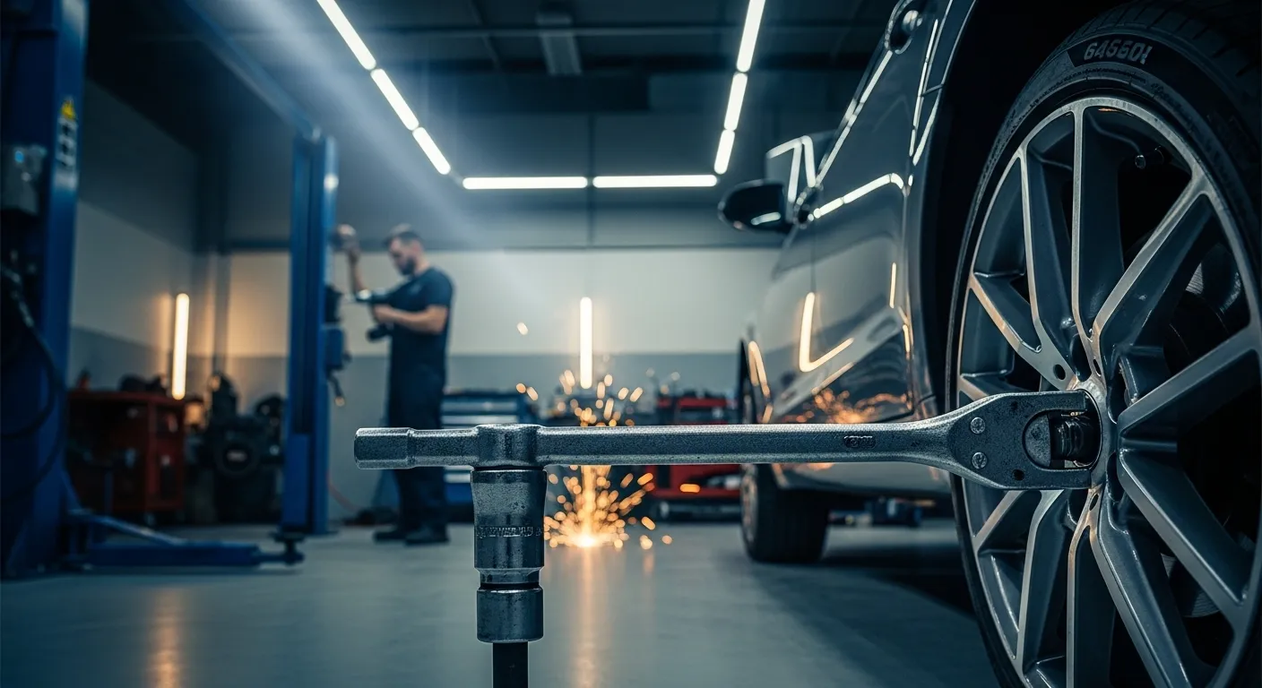 Breaker bar attached to car wheel in automotive workshop setting