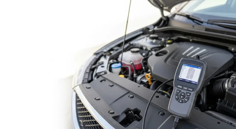 OBD2 code reader connected to a car for diagnosing engine problems