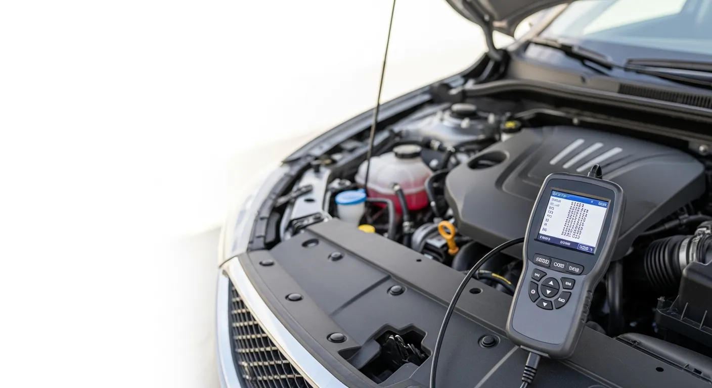 OBD2 code reader connected to a car for diagnosing engine problems