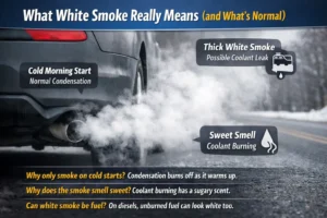 Car exhaust emitting thick white smoke on a cold day, showing difference between normal condensation and possible coolant burning with sweet smell indication
