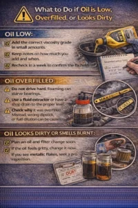 Realistic infographic explaining what to do if engine oil is low, overfilled, or looks dirty, including adding the correct oil viscosity, avoiding hard driving when overfilled, using a fluid extractor, planning an oil and filter change, and checking for metallic flakes in used oil.