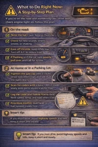 Realistic infographic explaining what to do when a check engine light turns on, including checking if the light is solid or flashing, reducing engine load, tightening the gas cap, scanning OBD-II codes, logging freeze-frame data, and scheduling vehicle service. 🚗