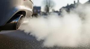 Close-up of car exhaust releasing thick white smoke on a cold morning